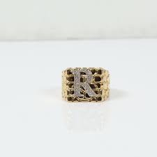 10K Yellow Gold Nugget Letter R Ring 0.52Ct Dia / 13gr ...
