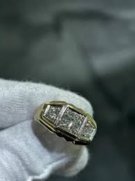 14k White Gold & Natural Diamonds Vintage Halo Signet 3 Stone Design Men's Ring | eBay