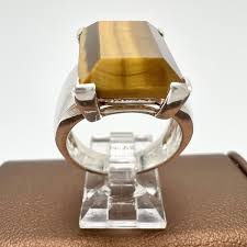 Estate Silver Tigers Eye Emerald Cut Gemstone Ring Size 7 | eBay