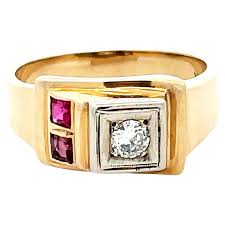 Mens Vintage Ruby and Diamond Retro Ring in 14k Yellow Gold ...