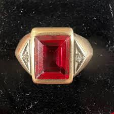 Mens 10K Lab Ruby & Diamond Ring, 3TCW, Emerald Cut, Estate ...