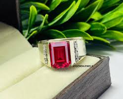 Emerald Cut Lab Ruby Ring, 925 Sterling Silver, Men's ...