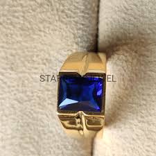 14k Gold Mens Ring: Art Deco Lab Blue Sapphire Wedding Band ...