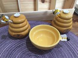 2 Mini Honey Pots, plus cup Honey Miel, Ceramic Honey Holder ...