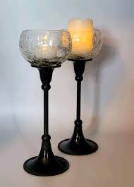 Bed Bath Beyond Pair Crackle Glass Goblet Black Metal Base ...