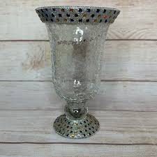 Bedazzled Sparkle Rim Crackle Glass Pedestal Hurricane Candle Holder Vase | eBay