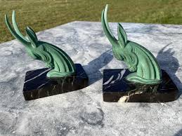 Pair of Spelter Bookends – Antelope Heads, Antique Green ...
