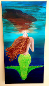 Mermaid canvas acrylic painting red hair green scales blues underwater reflection