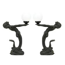 Vintage Pair of Art Deco Style Composite Mermaid Lamps with Glass Globes | Grandview Mercantile