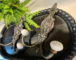 Pair Vintage Brass Wall Hook Hanger Porcelain Double Ball Hat Coat Metal Ornate | eBay