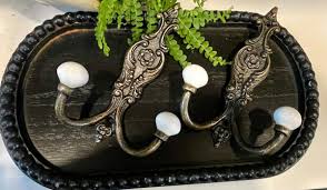 2 Vintage-Old-Metal Brass Wall Mount Double Hooks w/ white Porcelain Balls Ends | eBay