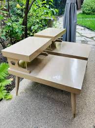 VINTAGE MCM MID CENTURY 60'S BLONDE FAUX WOOD STEP END SIDE TABLES - furniture - by owner - sale - craigslist