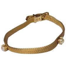 Gold Tone Genuine Pearl Vintage Mesh Adjustable Belt Buckle Bracelet, . For Sale at Ruby Lane