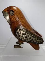 Wood Carved Owl With Brass Metal Work Eyes Beak Feet And ...