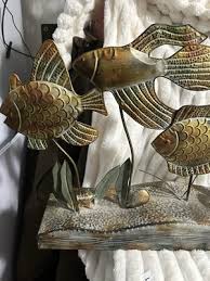 Coastal Nautical Metal Fish Sculpture Ocean Decor W/ Plants & Shells Beachhouse | eBay