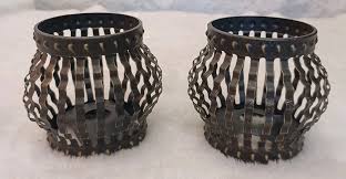 VINTAGE BLACK METAL CAGE CANDLE HOLDER SET 2 RED GLASS ...