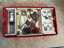 Holiday Wine Gift Set Snowman Stopper, Wine Glass Charms & Cocktail Napkins | eBay