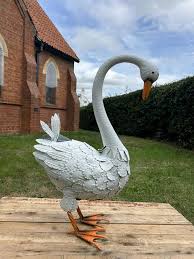 Large Country Garden White Metal Swan Goose Garden Ornament ...