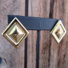 90s Gold Tone Triangle Diamond Shape Earrings | Faceted ...