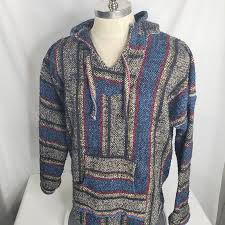 Vtg Mexican Poncho Baja Hoodie Drug Rug Hooded Pullover ...