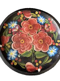 Handpainted and Carved Mexican Bowl Tray Floral Toleware ...
