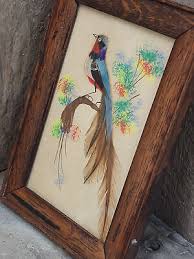Antique Hand-Painted Bird Mixed Media Art Picture w Real Feathers Oak Wood Frame | eBay Australia
