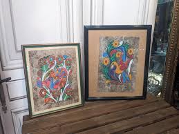 Pair of Vintage Folk Art Mandala Maya Handpainted in Frame ...
