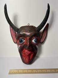 Vintage Mexican Handmade Wooden Red Devil Diablo Mask ...