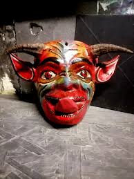 Rare Small Folded Horns Demon Devil Mask Carved Wood Real ...