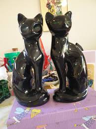 Cat Ornaments 1970s. Pair of Ceramic Black Cats With Green ...
