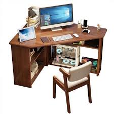 Simplistic Unfinished Wood CPU Cabinet Computer Desks with T-Shape Base, Exterior Shelf and Corner Desk, Natural