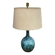Glossy Teal Ceramic Gourd Table Lamp With Linen Drum Shade | Chairish