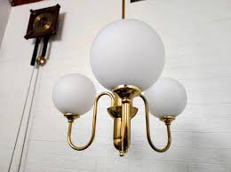 Vintage Ceiling Lamp / Mid Century Modern Ceiling Lamp / Three Milky Bulbs Chandelier /pendant Light / Golden Metal Ceiling Light / 70s - Etsy