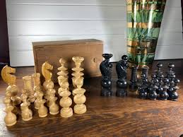 Chess, Wood, Turned, Ebony, France, Vintage, Wood Box ...