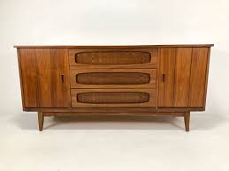 Vintage Mid Century Modern Walnut Credenza, Woven Wood Drawer Fronts - EPOCH