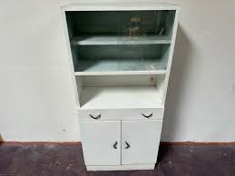 Vintage White Metal Kitchen Cabinet Hutch 30”W X 14”D X 66”H