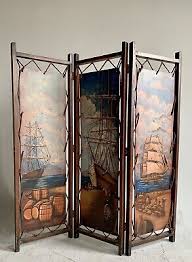 Vintage Mid Century Modern Folding Room Divider Screen 3 Panel Nautical Marine | eBay