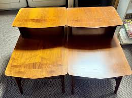 Mid Century Walnut Inlayed Two Tiered Step Pair of Side ...