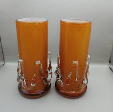 Pair (2) Tarnowiec Poland Hand Blown Brown/Orange Dripping Glass Vases 7.25" | eBay