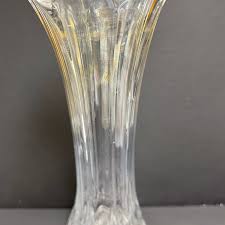 Vaseline Glass Clear Tall Thin Vase Pressed Etching Bottom ...