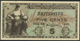 Value of Series 481 5 Cent Military Payment Certificate ...