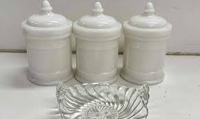 Vintage White Decor or Apothecary Jars & Matching Lids (6 ...