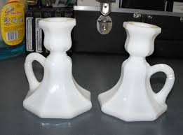 VINTAGE PAIR DUNCAN & MILLER WHITE MILK GLASS FINGER HOLD CANDLE CHAMBER STICK | eBay