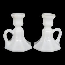 Milk Glass White Octagonal Flared Candlestick Holders With Handles a Pair | Chairish