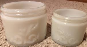 Vintage Pair Of Thick Heavy Milk Glass Jars With Lovely Raised Scroll Design | eBay