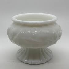 White Milk Glass Pedestal Planter Bowl Floral Flower Vines ...