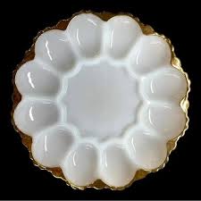 Vintage Anchor Hocking Fire King Milk Glass Deviled Egg Plate 22K Gold Trim | eBay