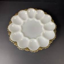 Vintage Anchor Hocking Fire King Milk Glass Gold Trim Deviled Egg Dish/Plate | Mercari