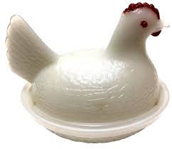 Vintage Glass Hen on Nest Candy Dish Opalescent White Early ...