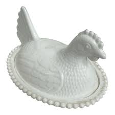Vintage Indiana Glass White Milk Chicken Hen on Nest Glass Dish 7" Candy Dish -